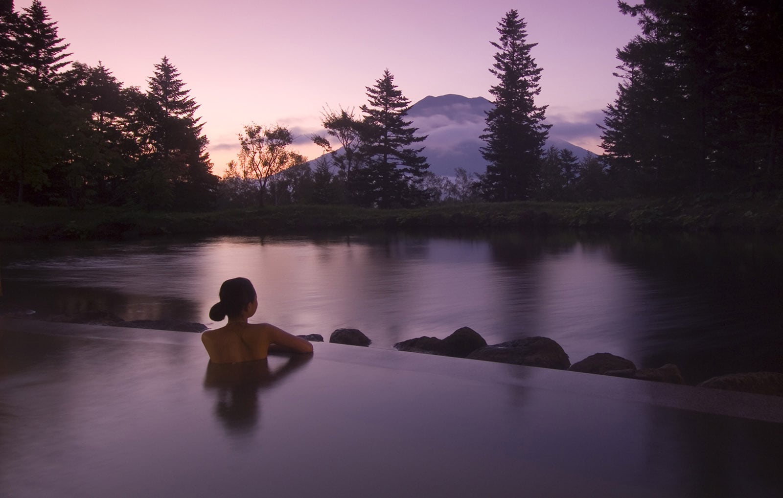 outdoor onsen, sunset, Japan